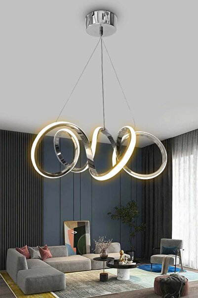 RSCOLLECTIONS Modern Sarkıt Krom Kıvrım Beyaz Işık Led Avize Kumandalı Krom