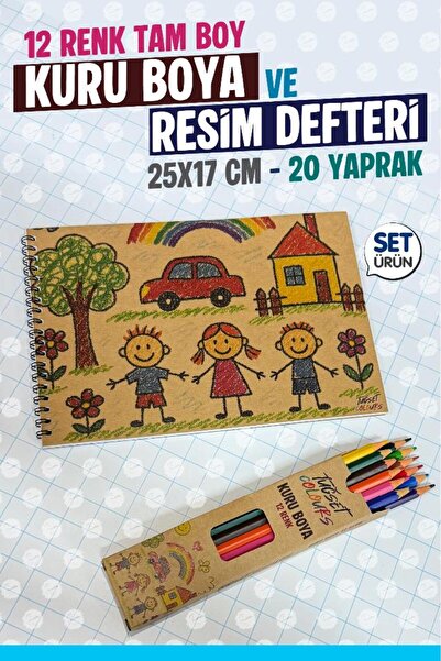 t tuğset etiket 12 Renk Tam Boy Kuru Boya ve Resim Defteri Boyama Seti -Anaokulu Kreş İlkokul Etkinlik -T1379
