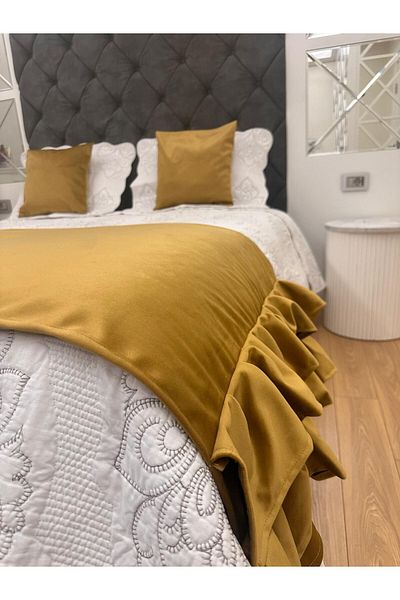 Becenhouse Bed Runner Set Double Ruffled Mustard Yellow 1 Piece for Home and Hotels. Runner 2 Pcs. Throw Pillow