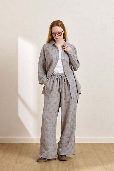 Ceylan Otantik Gray Scalloped Muslin Shirt & Double Leg Trousers Set