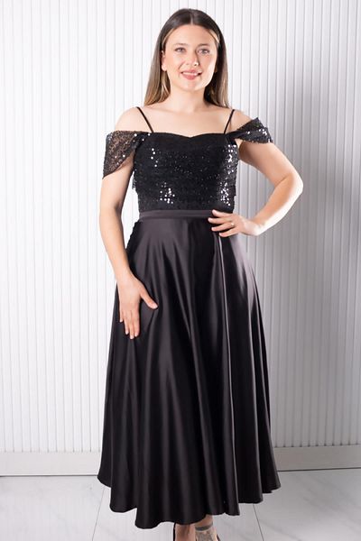 SUBU TASARIM Strap Sequin Satin Evening Dress Black Tbs386