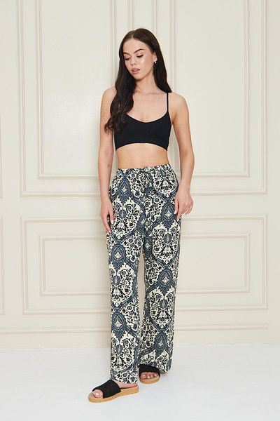 Kutaf Navy Blue Shawl Patterned Loose Leg Trousers with Elastic Waist – Relaxed Fit