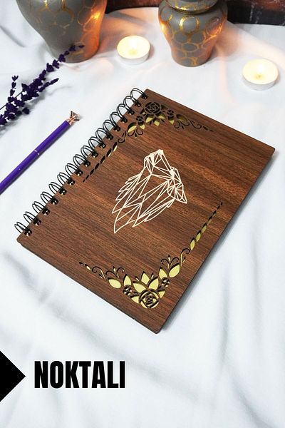 markcat Wolf Wooden Cover Spiral School Notebook - Dotted Notebook - 60 Sheets (120 Pages) - A5 15X21 cm