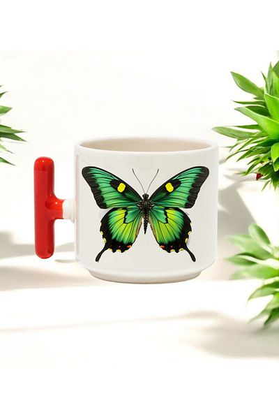 BB TRADE Green Butterfly Designed Red t Handle Ceramic Printed Mug Cup 250 ml