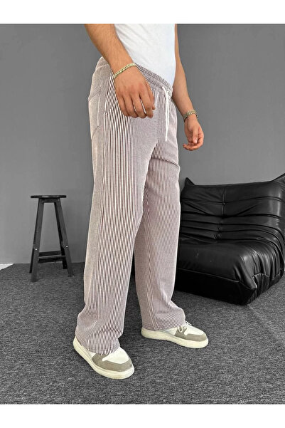 LUMİART Men's Su Yolu Striped Pocketed Summer Pants - Brown