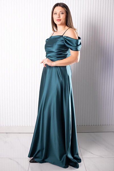 SUBU TASARIM Rochie de seară din satin cu bretele Petrol TBS388