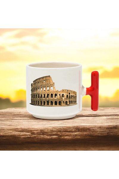 BB TRADE Collesium Designed Red t Handle Ceramic Printed Mug 250 ml