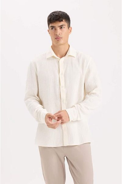 DeFacto Men's Shirt Muslin Fabric 100% Cotton Regular Fit Polo Neck Long Sleeve