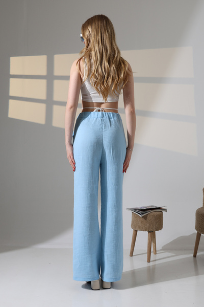 Buklemoda Παντελόνι από ύφασμα μουσελίνας με φαρδύ πόδι εκρού