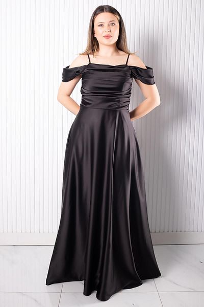 SUBU TASARIM Satin Evening Dress with Straps Black Tbs388