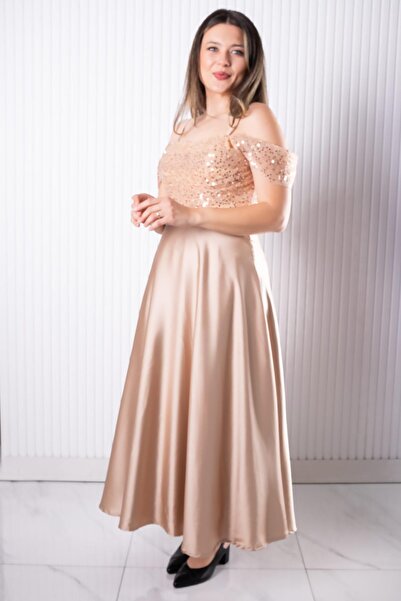 SUBU TASARIM Strap Sequin Satin Evening Dress Gold Tbs386