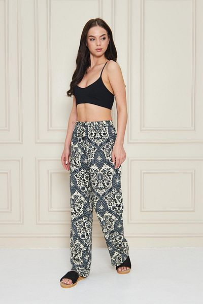 Kutaf Navy Blue Shawl Patterned Loose Leg Trousers with Elastic Waist – Relaxed Fit