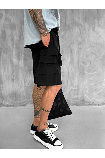 ablukaonline Men's Elastic Waist Cargo Pocket Oversize Shorts Black