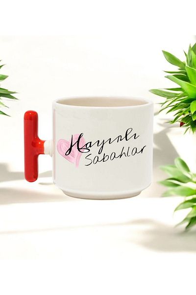 BB TRADE Good Morning Designed Red t Handled Ceramic Printed Mug Cup 250 ml