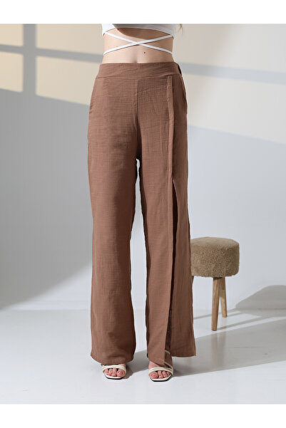 Buklemoda Μουσελίνα Pantalon καφέ με σκίσιμο