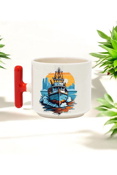 BB TRADE Ship Designed Red T-Handed Ceramic Printed Mug Cup 250 ml