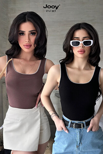 Jooy Pachet economic de 2 bluze cu bretele groase din bumbac 100% cu detaliu ...