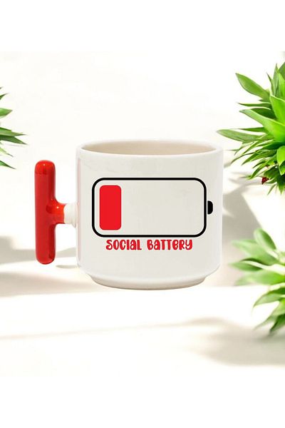 BB TRADE Social Battery Designed Red T-Handle Ceramic Printed Mug 250 ml