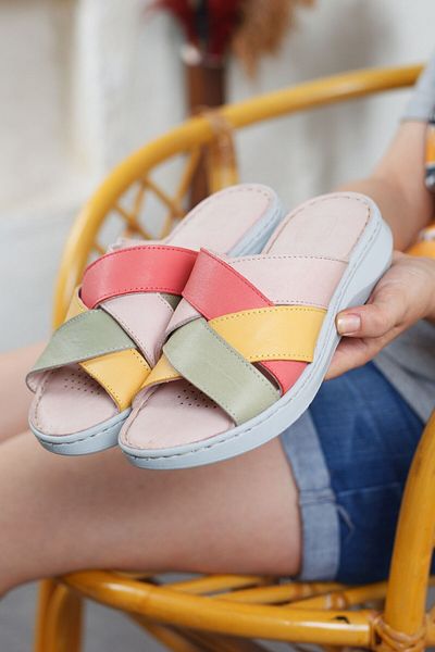 DERİMİSS Women's Genuine Leather Extra Padding Heeled Orthopedic Slippers