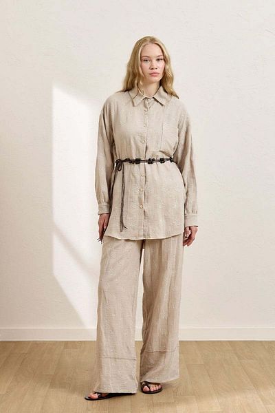 Ceylan Otantik Mink Scalloped Muslin Shirt & Double Leg Trousers Set