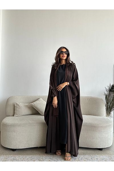outline Brown silk abaya with crystals, comfortable and cool bisht design