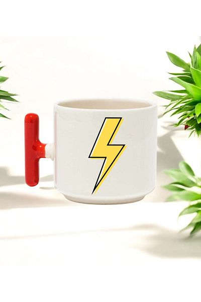 BB TRADE Red T-Handed Ceramic Printed Mug with Lightning Design 250 ml