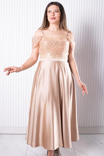 SUBU TASARIM Strap Sequin Satin Evening Dress Gold Tbs386