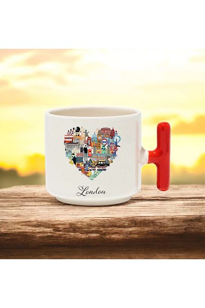 BB TRADE London Designed Red t Handle Ceramic Printed Mug Cup 250 ml
