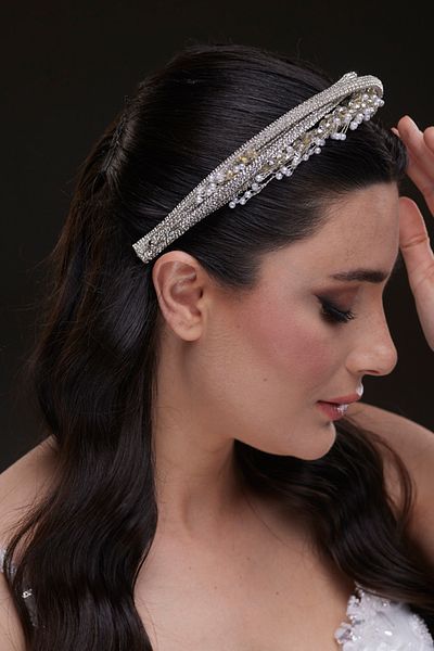 Hayalperest boncuk Luxury Hand Embroidered Wide Bridal Headband - Pearl and Stone Detailed