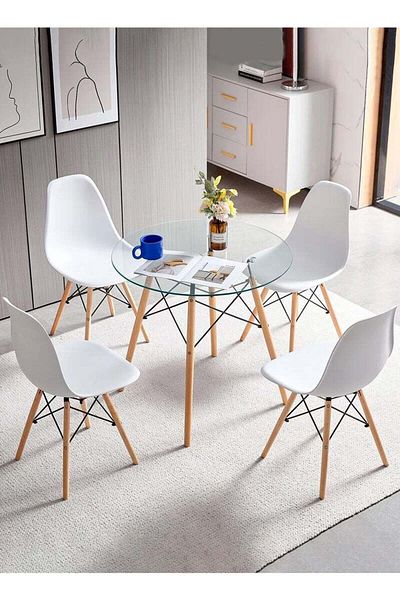 Taimi 5-Piece Dining Set – Round Tempered Glass Table 80x80x72cm with Wooden Legs & 4 White Chairs