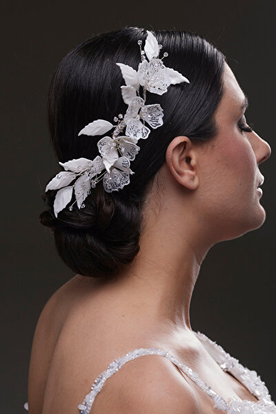 Hayalperest boncuk Bridal Hair Clip with Side Mounted Flower and Crystal