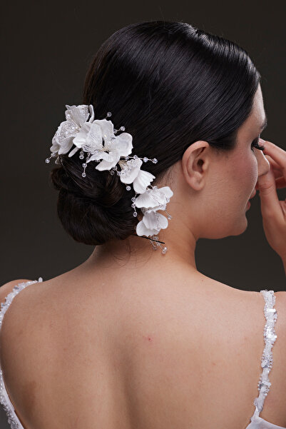 Hayalperest boncuk Delicate White Flower and Wire Embroidered Bridal Hairband