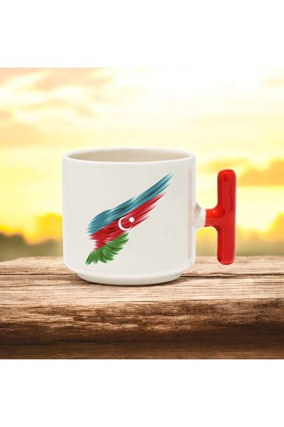 BB TRADE Azerbaijani Designed Red T-Handle Ceramic Printed Mug 250 ml