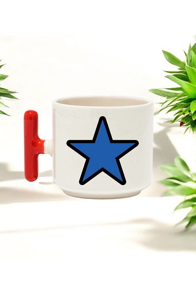BB TRADE Blue Star Designed Red t Handle Ceramic Printed Mug Cup 250 ml