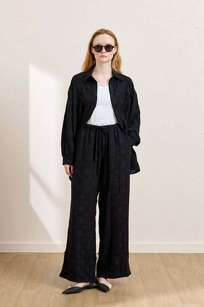 Ceylan Otantik Black Scalloped Muslin Shirt & Double Leg Trousers Set