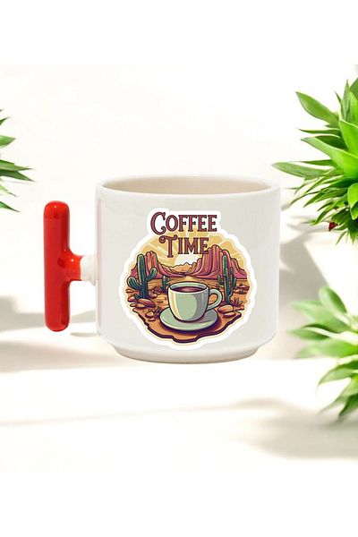 BB TRADE Coffee Time Designed Red t Handle Ceramic Printed Mug 250 ml