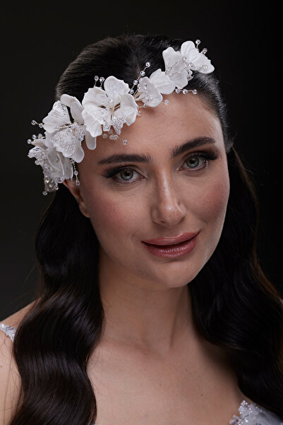 Hayalperest boncuk Delicate White Flower and Wire Embroidered Bridal Hairband