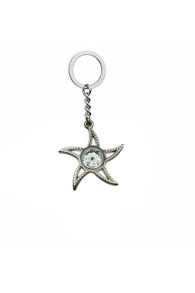Herşey Nota Women's Starfish Keychain – Stylish Accessory with Silver Stone Detail and Zamak Plating