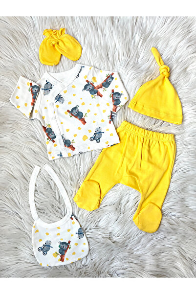 Linda Harris Koala on a Bicycle Pattern Sarı 5’li Yenidoğan Unisex Bebek Hastane Çıkışı Seti