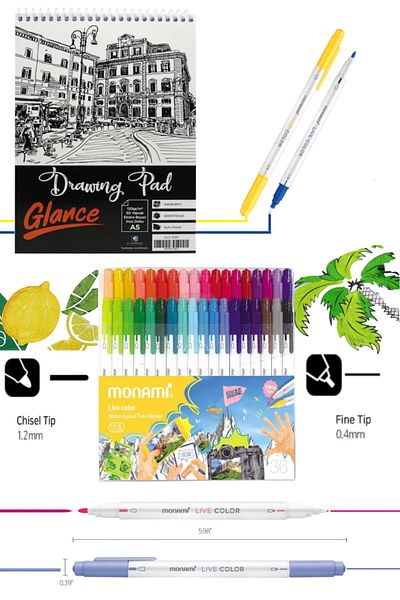 GLANCE Sketchbook A5 120 Gr 50 Sheets Monami Live Color Water Based 36` Highlighter Set