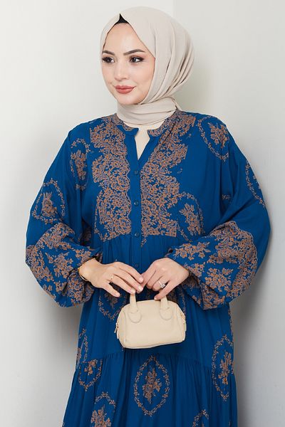 InStyle Gold Ethnic Pattern Petrol Blue Viscose Dress