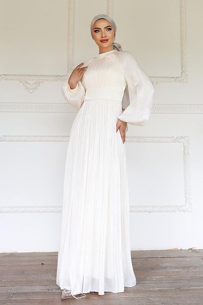 Olcay Flower Detailed Pleated Yoryo Silk Hijab Evening Dress Dress Elephant Dental 1240