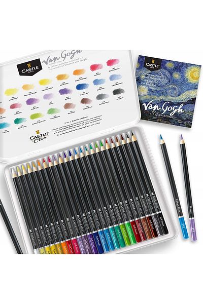 QuTek Thematic set of 24 colored pencils in a tin box, with tutorial, colors inspired by Van Gogh