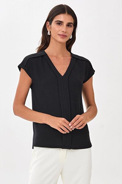 İKİLER V Yaka Önü Patlı Düşük Kol Bluz 025-1013