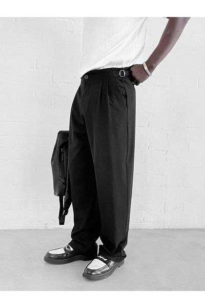 ablukaonline Men's Baggy High Waist Buckle Detailed Comfortable Fit Trousers Black
