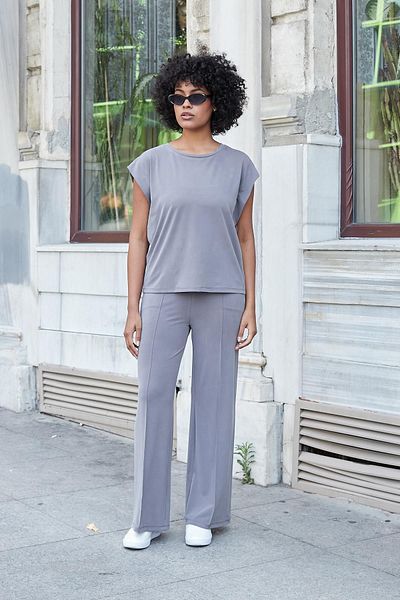 Jument Tricou pentru femei Modal Silky Lycra Fabric Wide O-Gât fără umeri Bluză-Antracit
