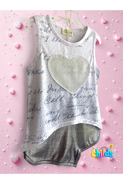 childs Bottom Top Summer Girls' Two-Piece Suit Heart Zero Sleeve Devore Combed Cotton Top Shiny Short Combed Cotton Shorts.