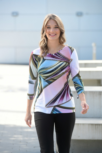 YXL COLLECTION Γυναικεία μπλούζα μεγάλου μεγέθους Lycra Stone με μικτό σχέδιο με μανίκια τριών τετάρτων (4 εποχών)