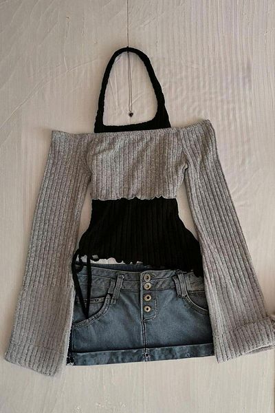 Karakedi Off Shoulder Detail Neck Tie Gray Black Long Sleeve Blouse