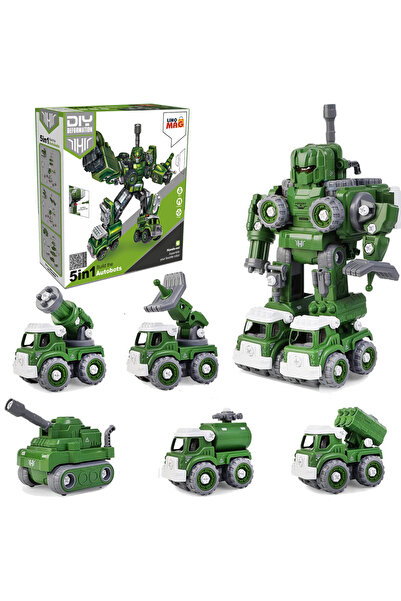Linomag Robot Transformer DIY în 5 Vehicule Militare, Linomag®, Tanc, Tun, Radar, +3Y, Verde